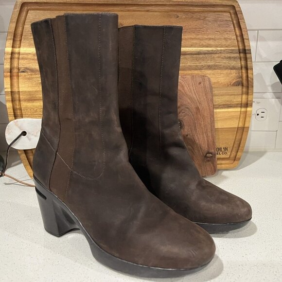 Cole Haan Air Sara Brown Nubuck Leather Boots Mid Wedge Platform D29267 - Picture 2 of 9